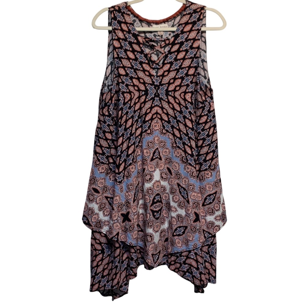 Knox Rose Tunic dress Womens XL Black Coral Blue Geometric Sharkbite Boho Flowy